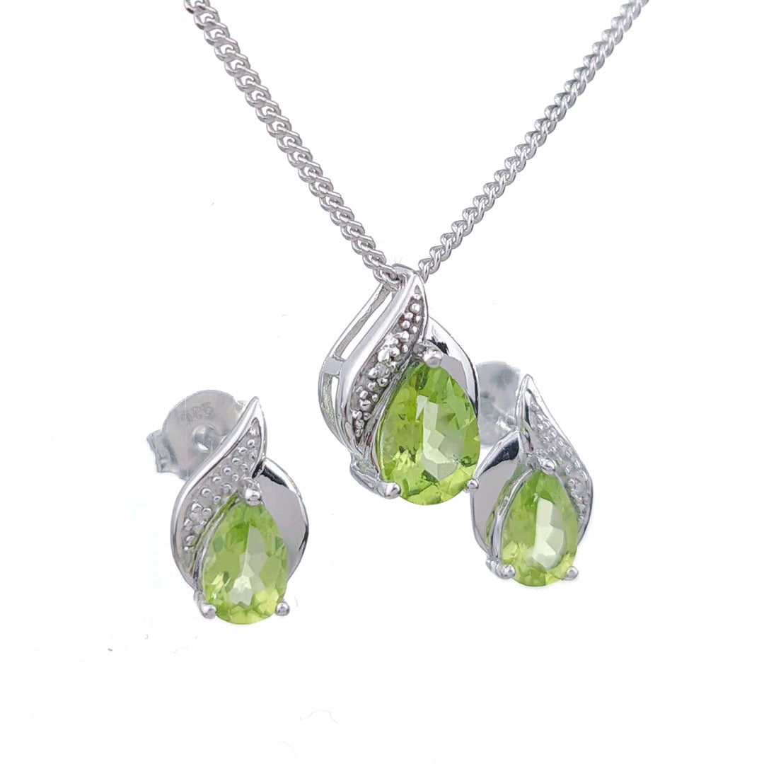 Peridot Necklace Earring Set Diamond 1.9ct Green Pear Silver August Birthstone