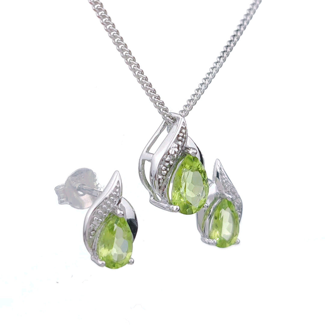 Peridot Necklace Earring Set Diamond 1.9ct Green Pear Silver August Birthstone