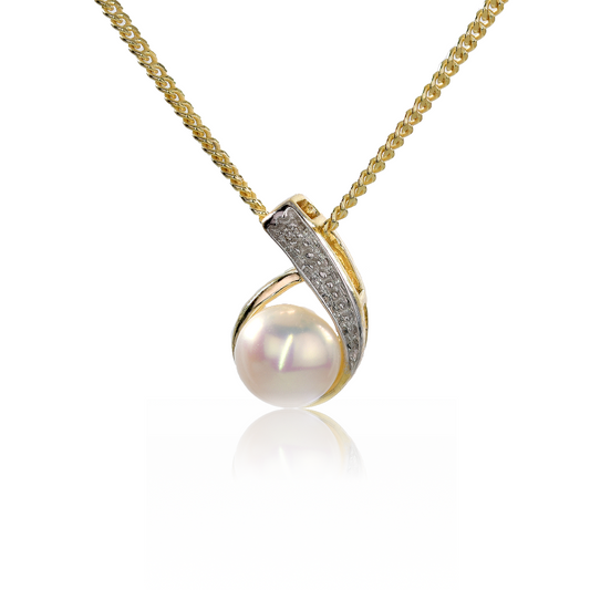 9ct Gold Necklace Diamond White Freshwater Pearl Optional Chain