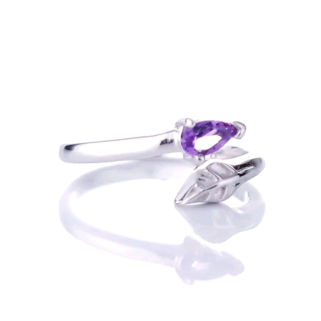 Sterling Silver Amethyst Leaf Ring Size I-T Adjustable Purple February Birthday