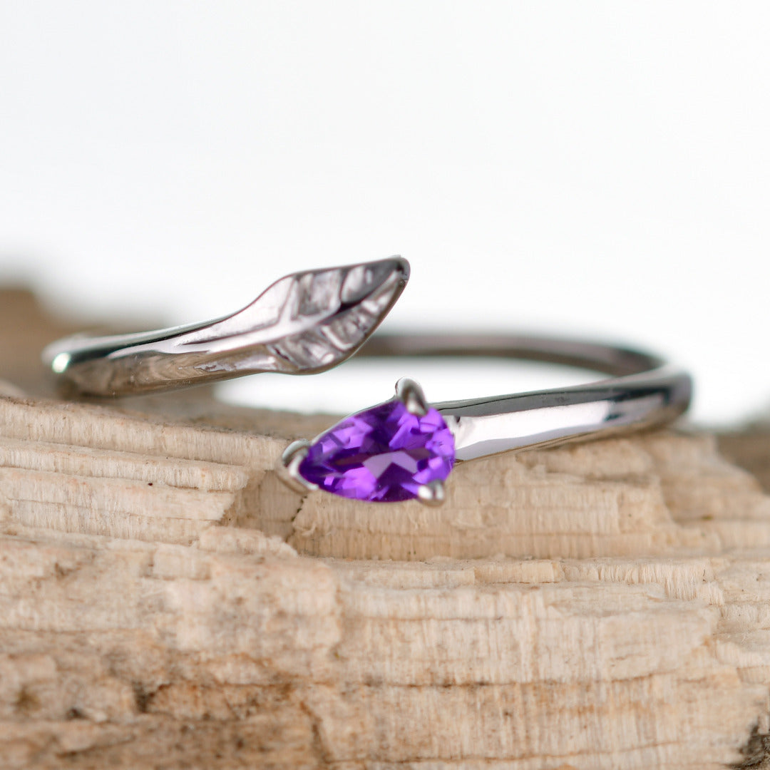 Sterling Silver Amethyst Leaf Ring Size I-T Adjustable Purple February Birthday