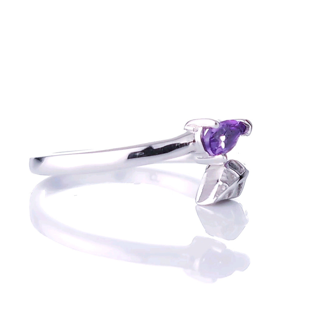 Sterling Silver Amethyst Leaf Ring Size I-T Adjustable Purple February Birthday