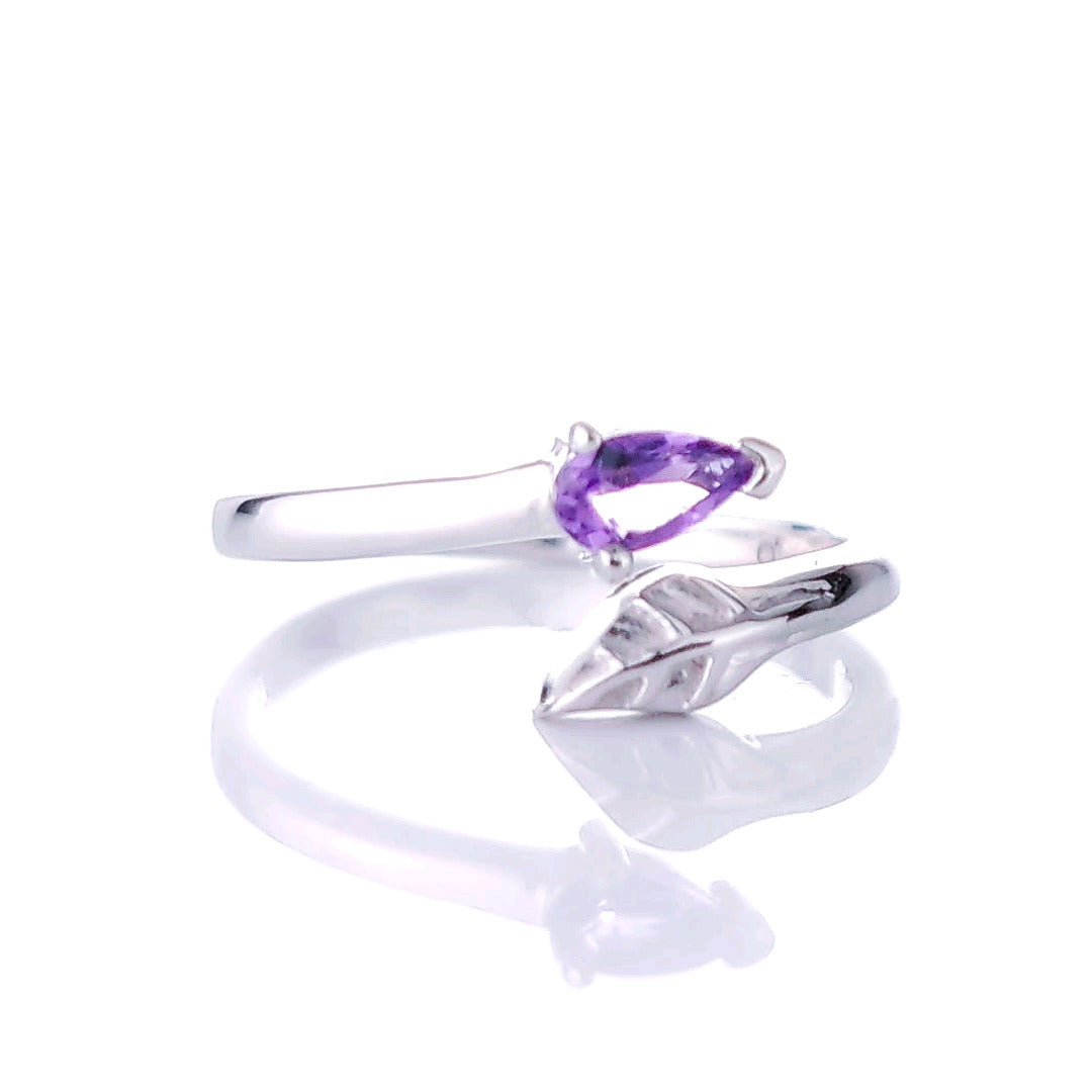 Sterling Silver Amethyst Leaf Ring Size I-T Adjustable Purple February Birthday
