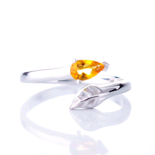 Sterling Silver Citrine Leaf Ring Size I-T Adjustable Yellow November Birthstone