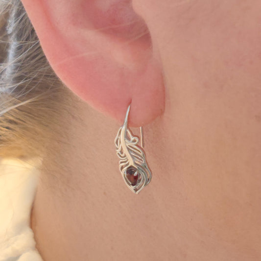 Garnet Peacock Feather Dangle Earrings Sterling Silver