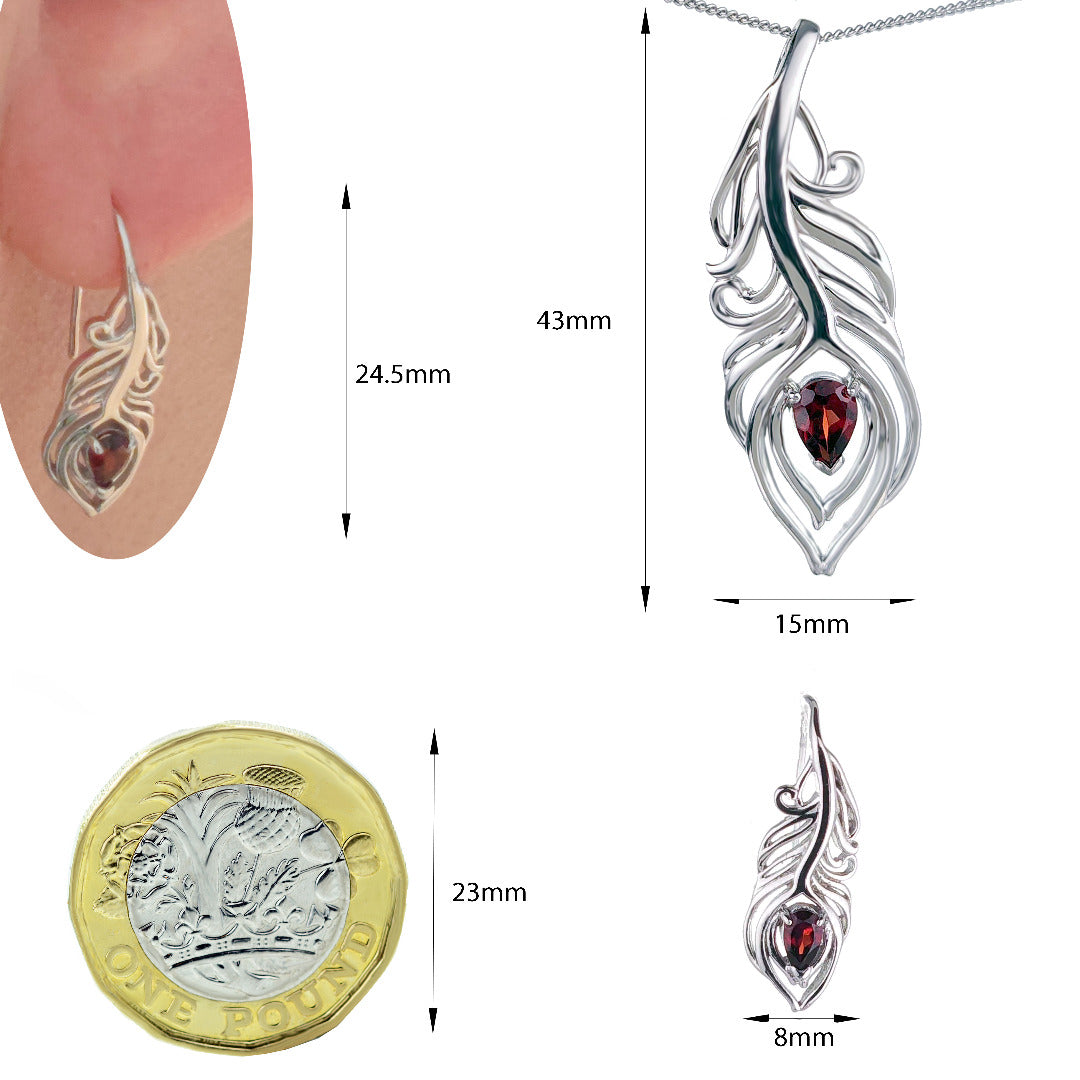 Garnet Peacock Feather Dangle Earrings Sterling Silver