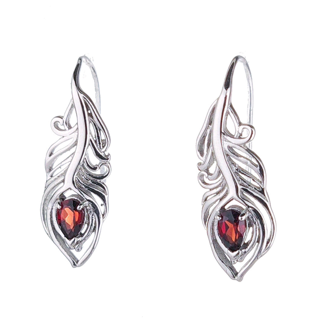 Garnet Peacock Feather Dangle Earrings Sterling Silver