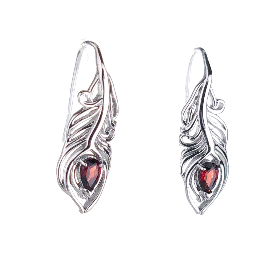 Garnet Peacock Feather Dangle Earrings Sterling Silver