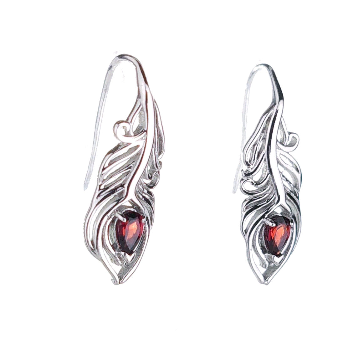 Garnet Peacock Feather Dangle Earrings Sterling Silver