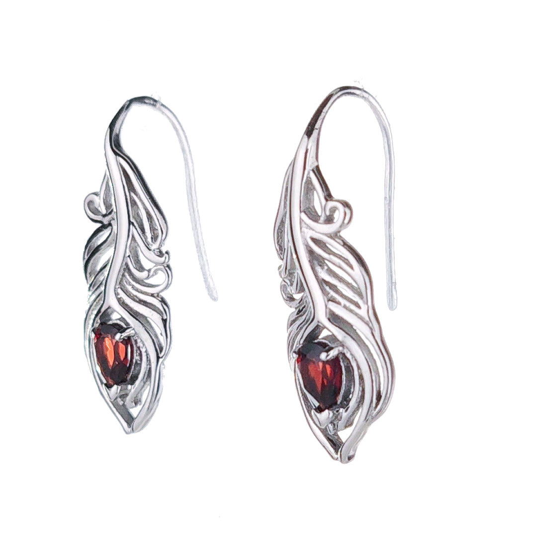 Garnet Peacock Feather Dangle Earrings Sterling Silver