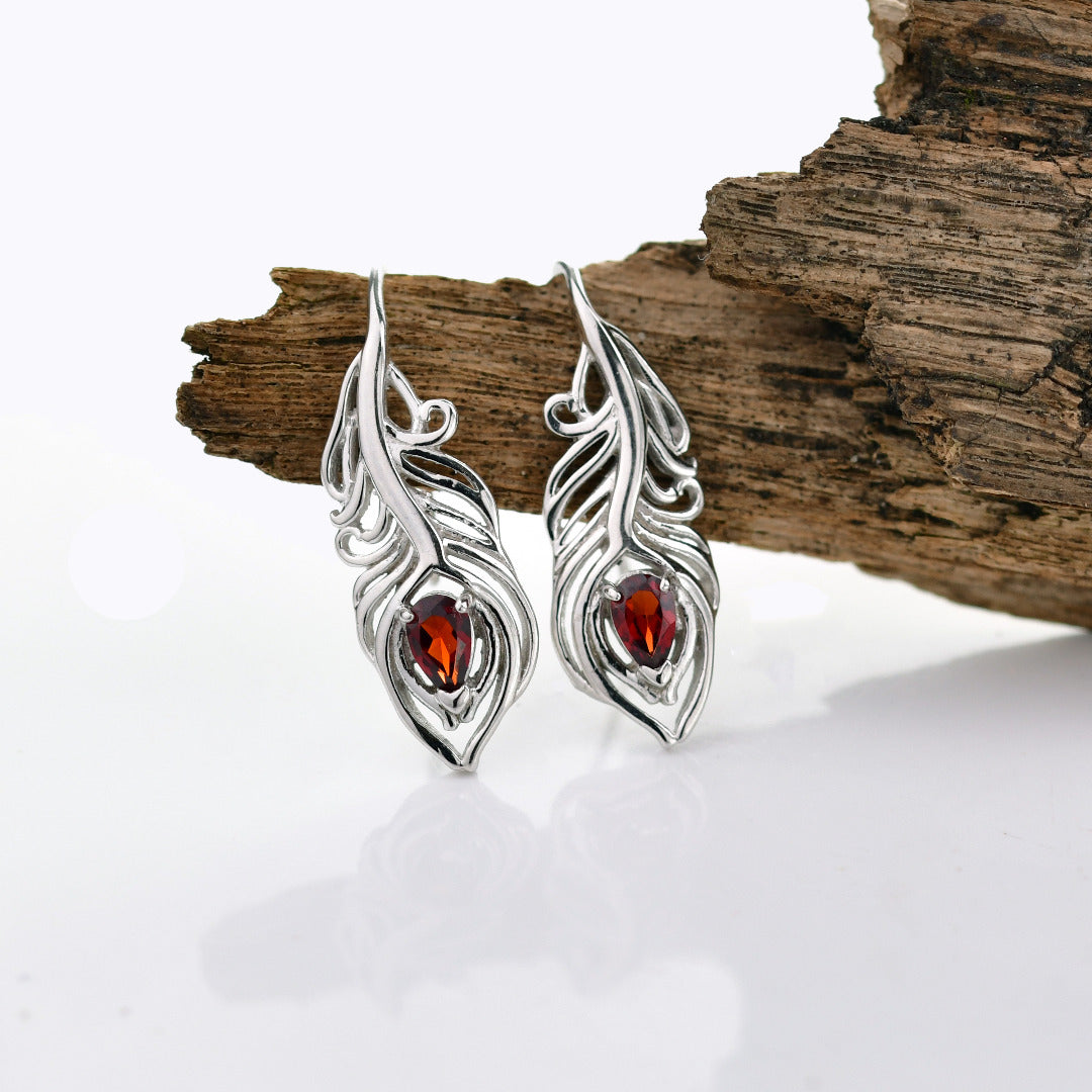Garnet Peacock Feather Dangle Earrings Sterling Silver