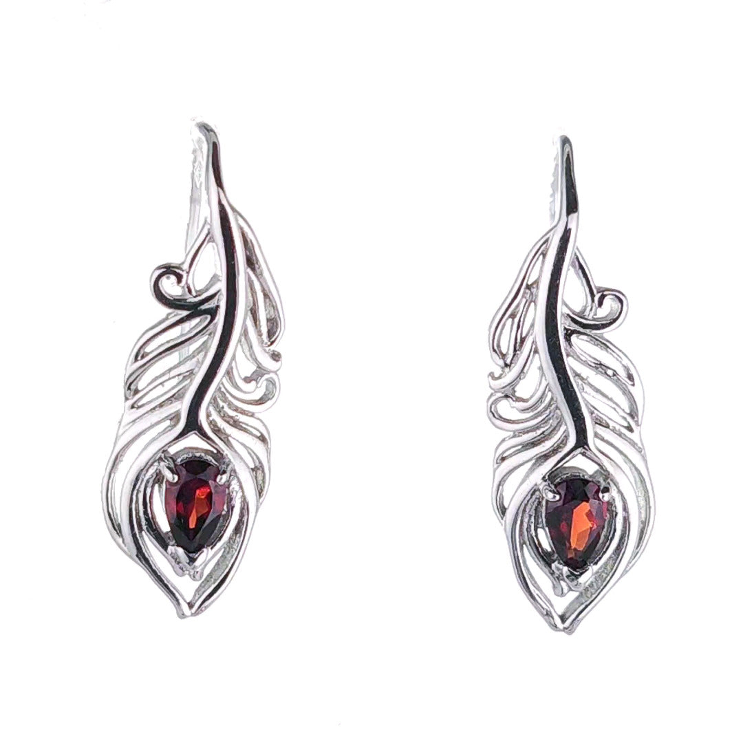 Garnet Peacock Feather Dangle Earrings Sterling Silver