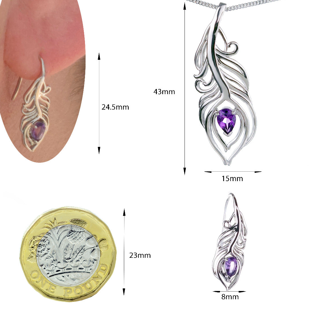 Amethyst Peacock Feather Set Necklace and Dangle Earrings Sterling Silver
