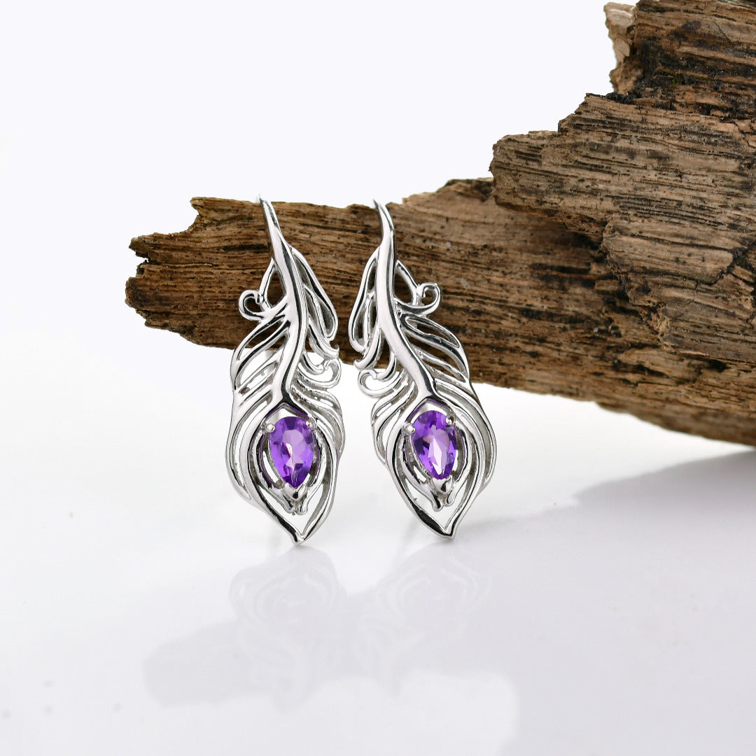 Amethyst Peacock Feather Dangle Earrings Sterling Silver