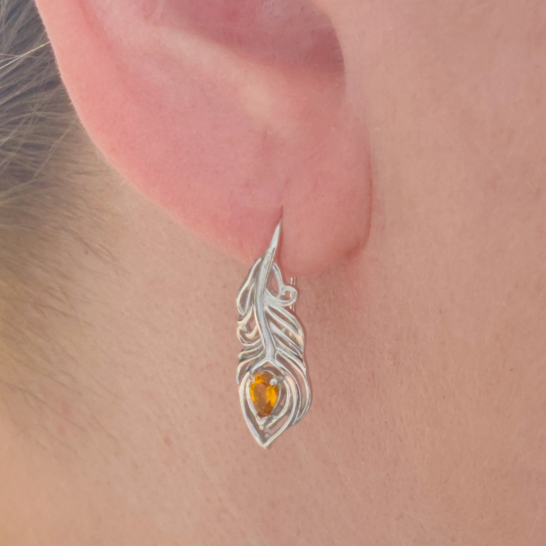 Sterling Silver Citrine Set Statement Necklace Dangle Earrings Peacock Feather November Birthstone
