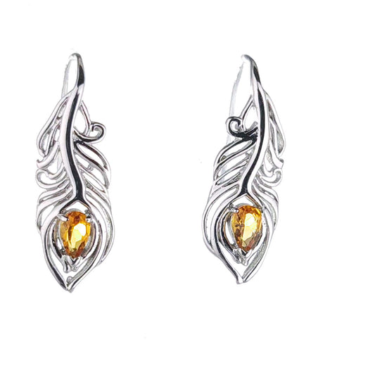 Sterling Silver Citrine Earrings Dangle Peacock Feather Hook November Birthstone