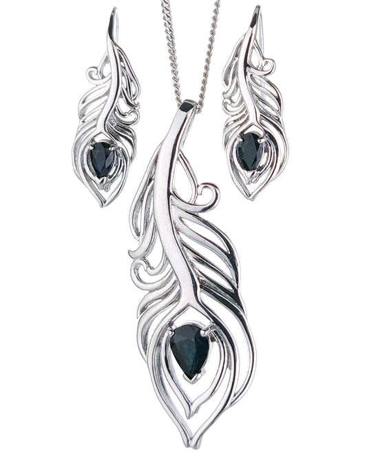 Sterling Silver Sapphire Set Statement Necklace Dangle Earrings Peacock Feather September Birthstone