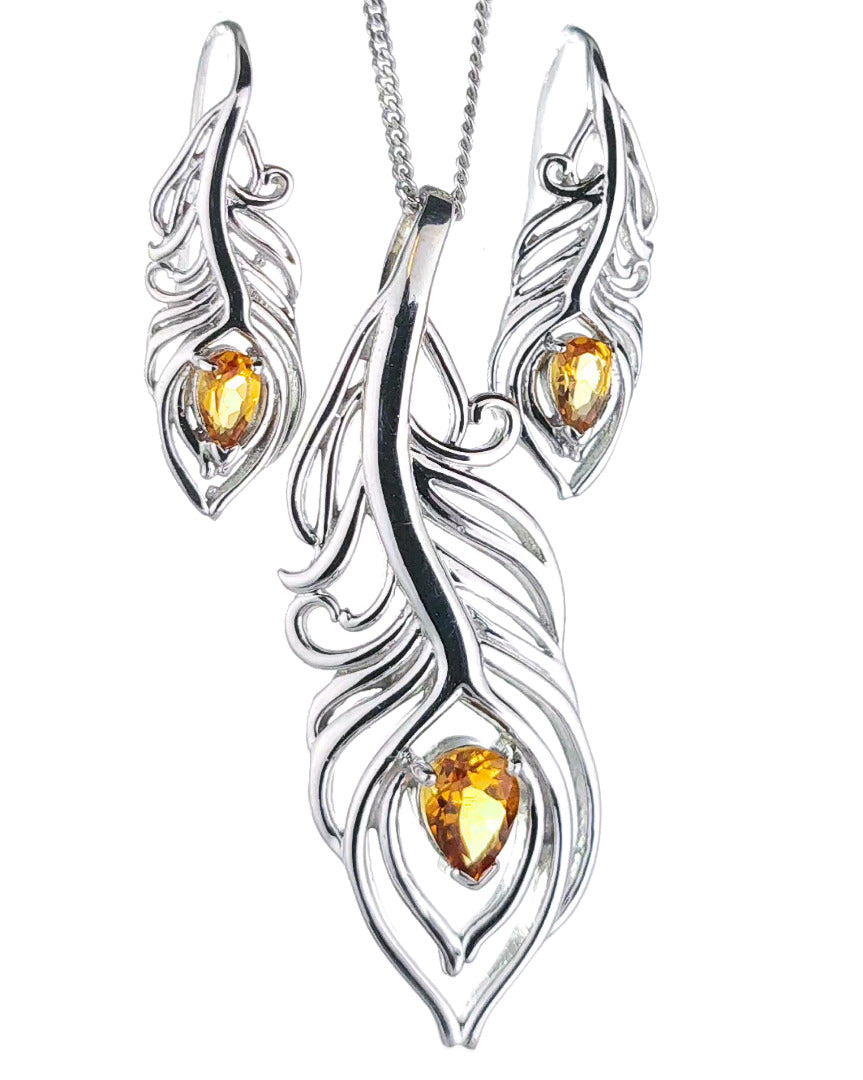 Sterling Silver Citrine Set Statement Necklace Dangle Earrings Peacock Feather November Birthstone