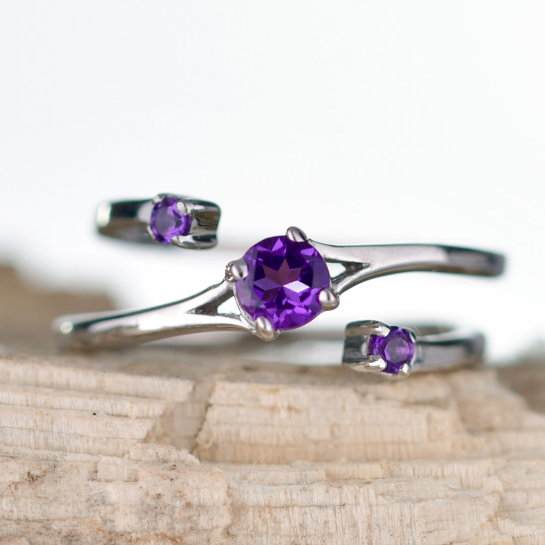 Amethyst Adjustable Round Trilogy Ring Size J-S Sterling Silver