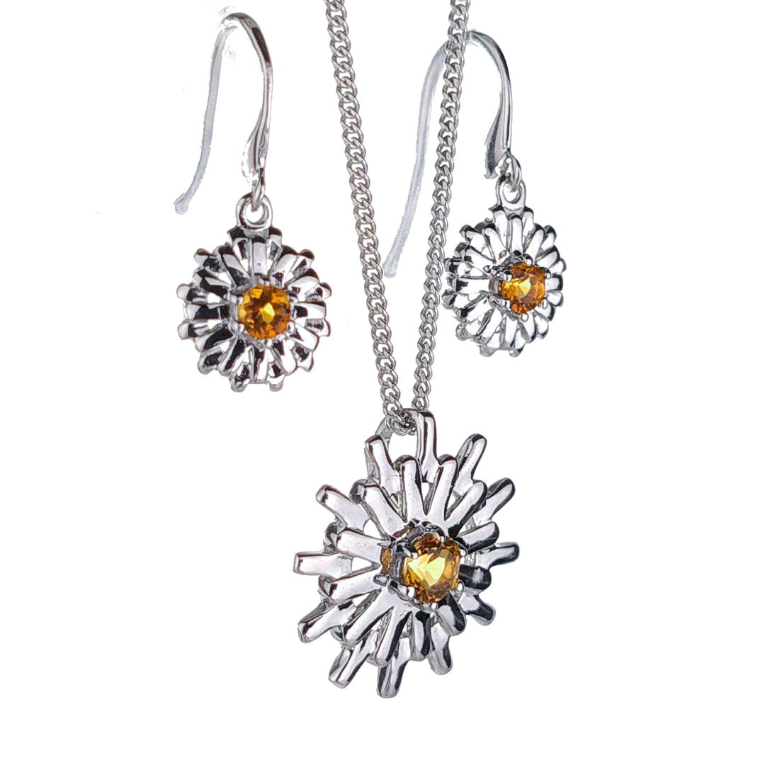Sterling Silver Citrine Sun Set Yellow Necklace Dangle Earrings November Birthstone