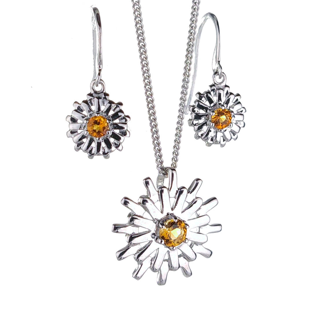 Sterling Silver Citrine Sun Set Yellow Necklace Dangle Earrings November Birthstone