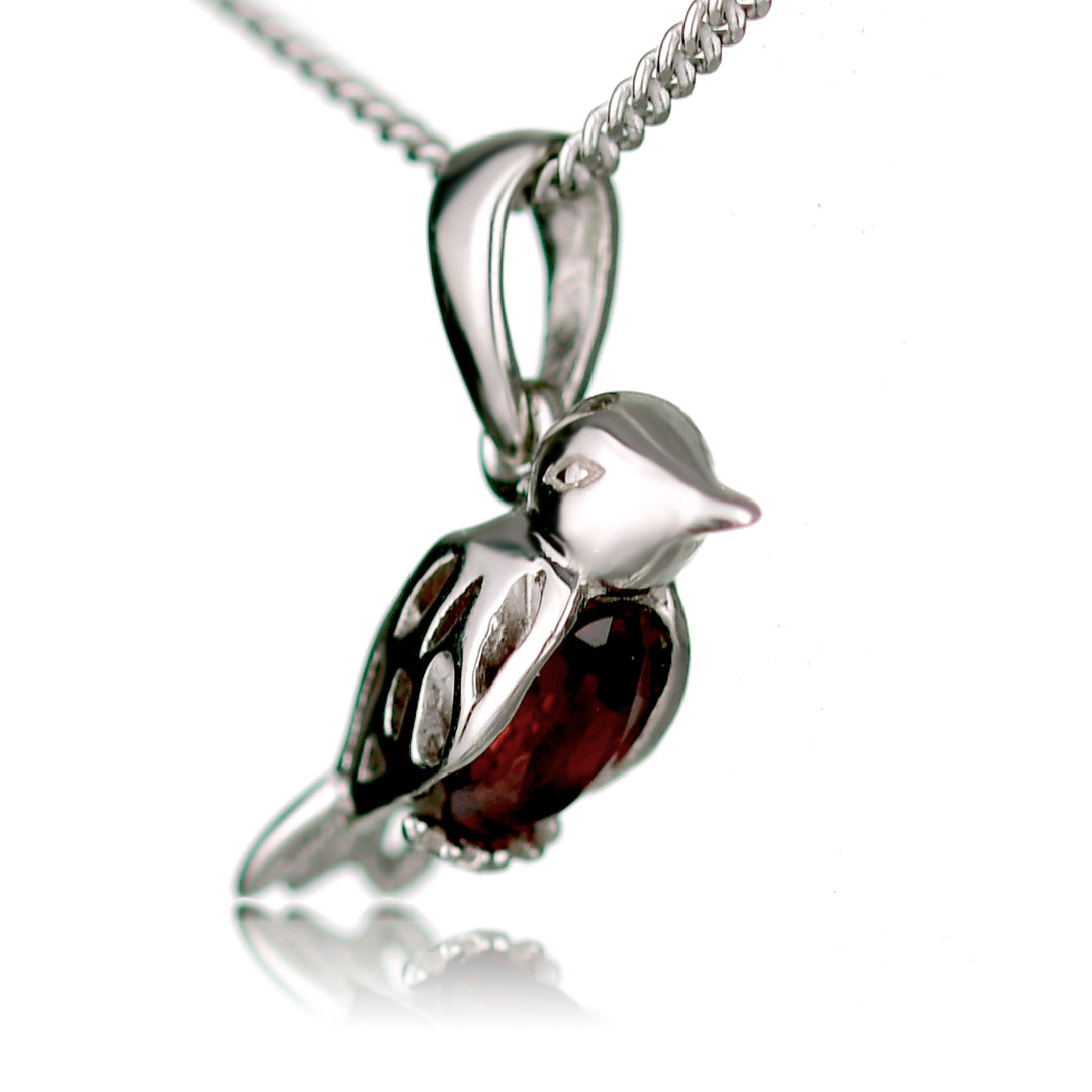 Garnet Necklace Robin Red Breast Christmas Pendant Sterling Silver January Birthstone