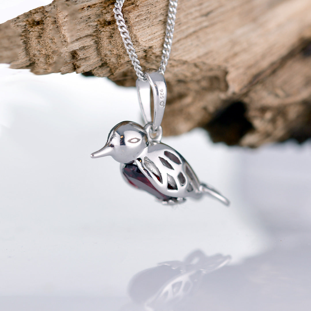 Garnet Necklace Robin Red Breast Christmas Pendant Sterling Silver January Birthstone