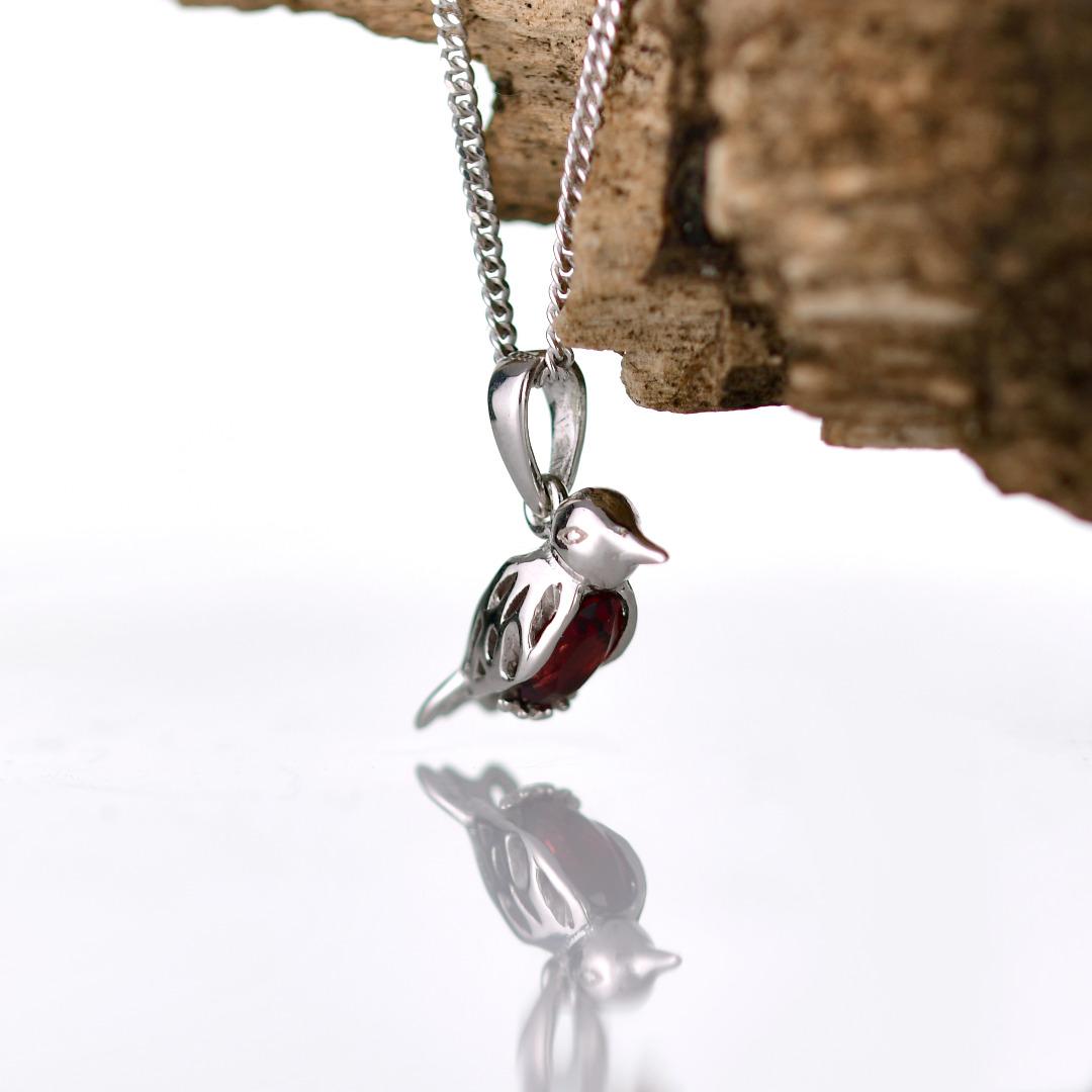 Garnet Necklace Robin Red Breast Christmas Pendant Sterling Silver January Birthstone