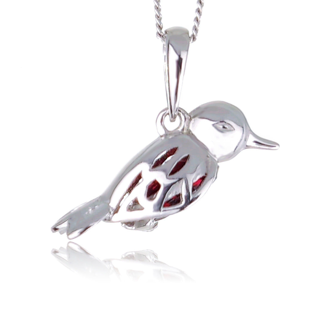 Garnet Necklace Robin Red Breast Christmas Pendant Sterling Silver January Birthstone