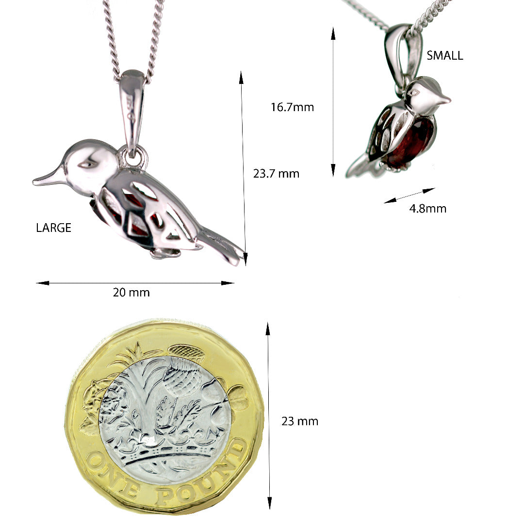Garnet Necklace Robin Red Breast Christmas Pendant Sterling Silver January Birthstone