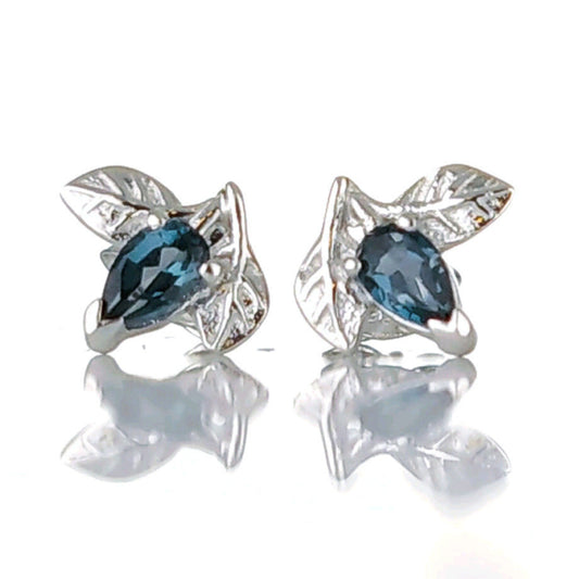 London Blue Topaz Leaf Stud Earrings Sterling Silver Personalised Gift