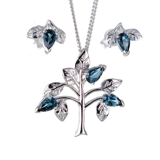 Topaz Necklace Earring Set 1.25ct Pear London Blue Tree of Life Leaves Sterling Silver