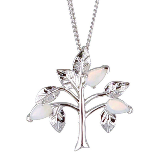 Opal Necklace Sterling Silver Tree of Life Pendant October Birthstone