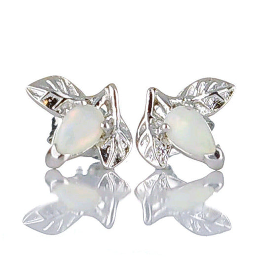 Opal Earrings Sterling Silver Leaf Studs October Birthstone