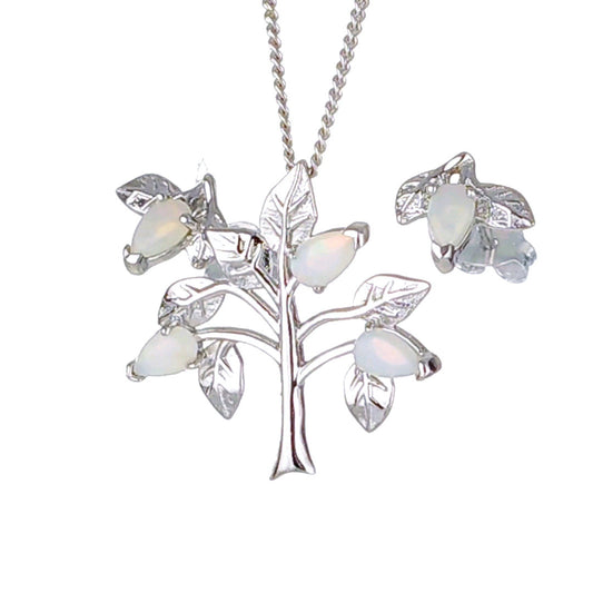 Opal Necklace Earring Set Sterling Silver Tree of Life Leaves October Birthstone