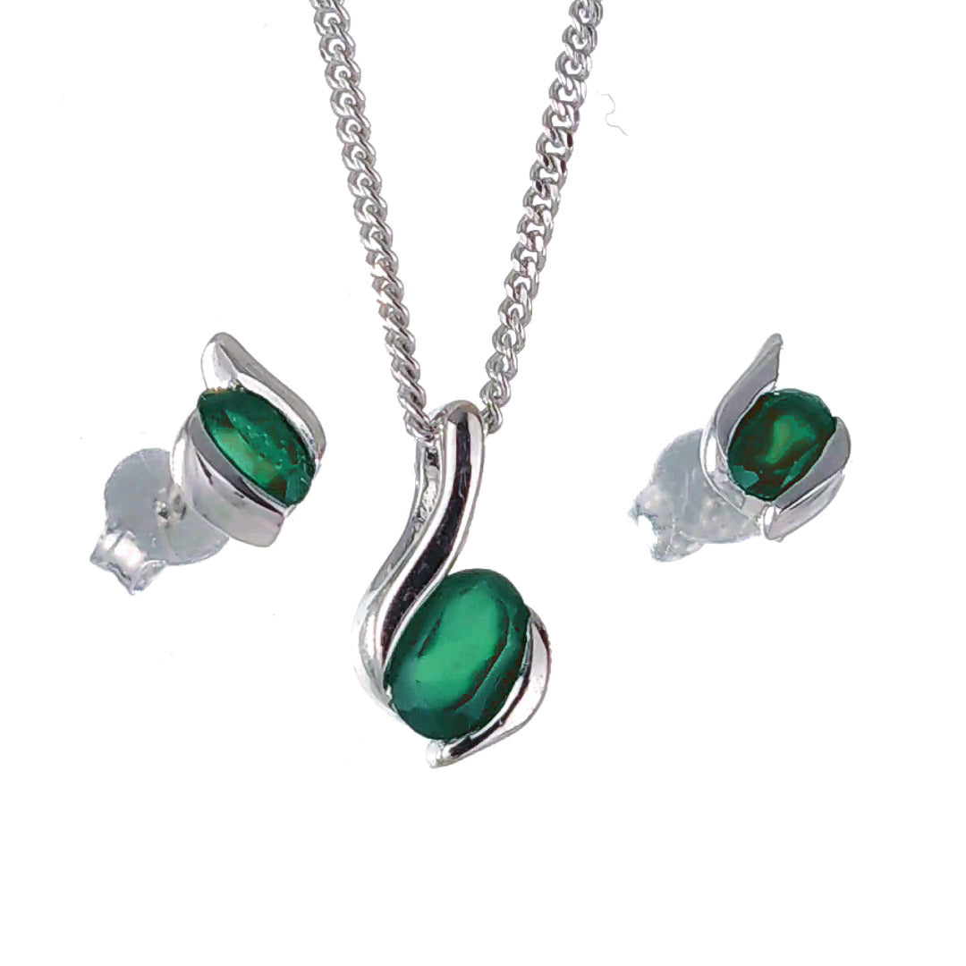 Sterling Silver Necklace Earring Set Onyx Green Oval May Birthstone