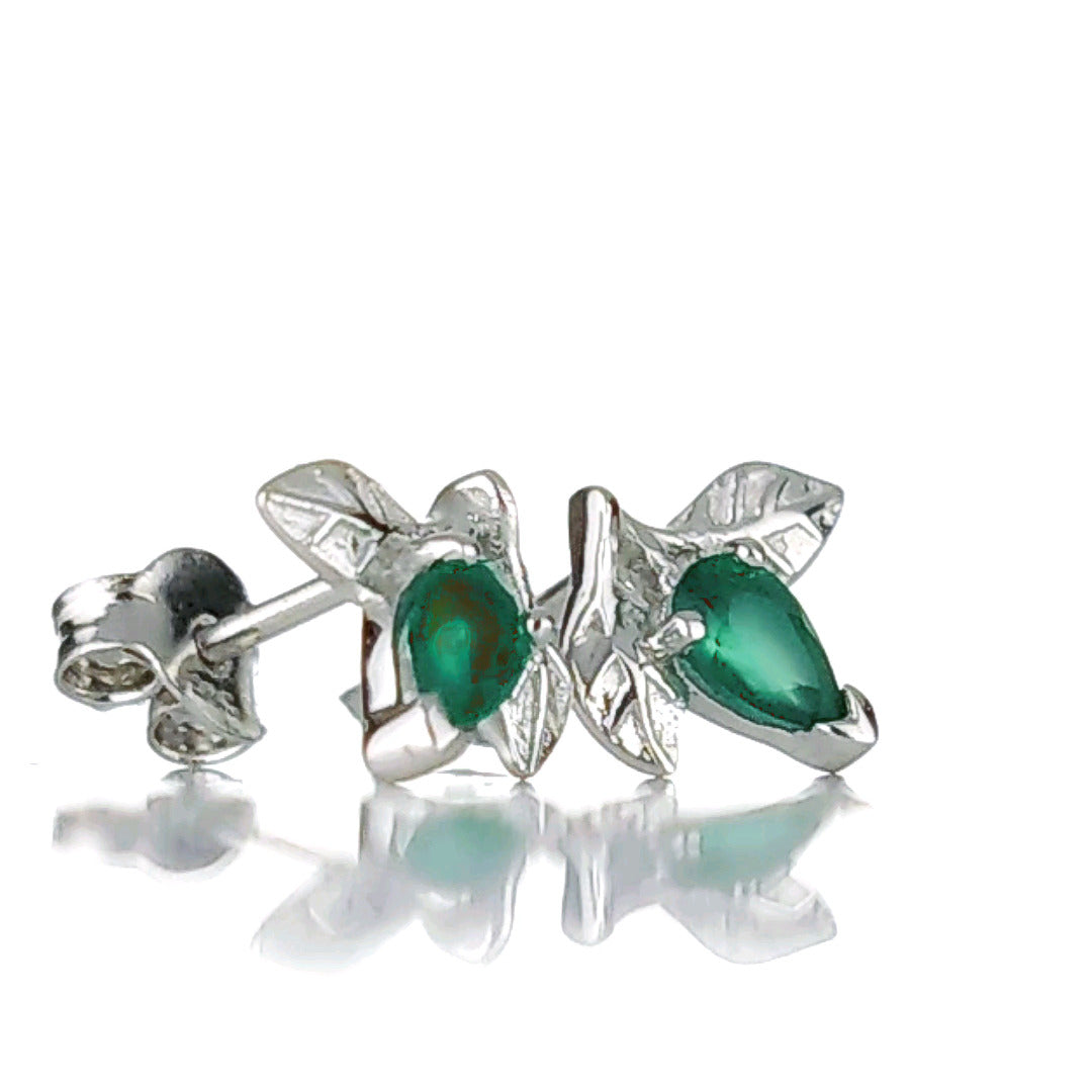 Onyx Green Earrings Sterling Silver Leaf Studs May Birthstone