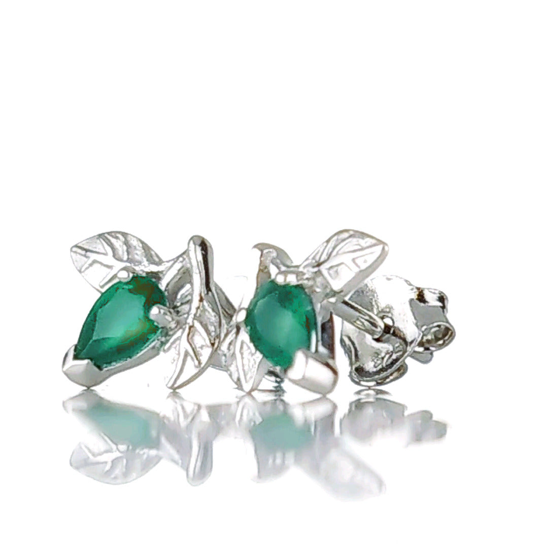 Onyx Green Earrings Sterling Silver Leaf Studs May Birthstone