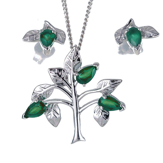 Onyx Green Necklace Earring Set 1.25ct Pear Tree of Life Leaves Sterling Silver