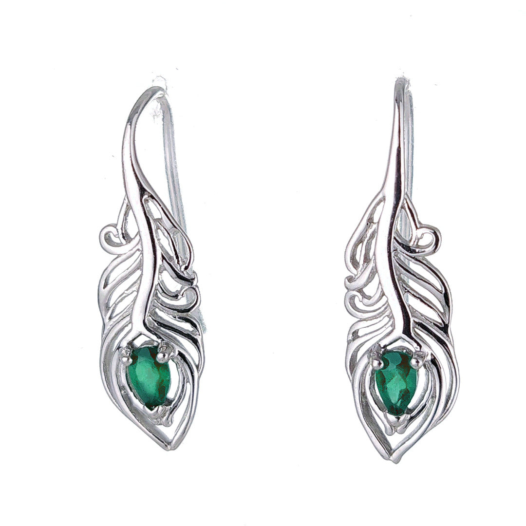 Sterling Silver Onyx Green Earrings Dangle Peacock Feather May Birthstone