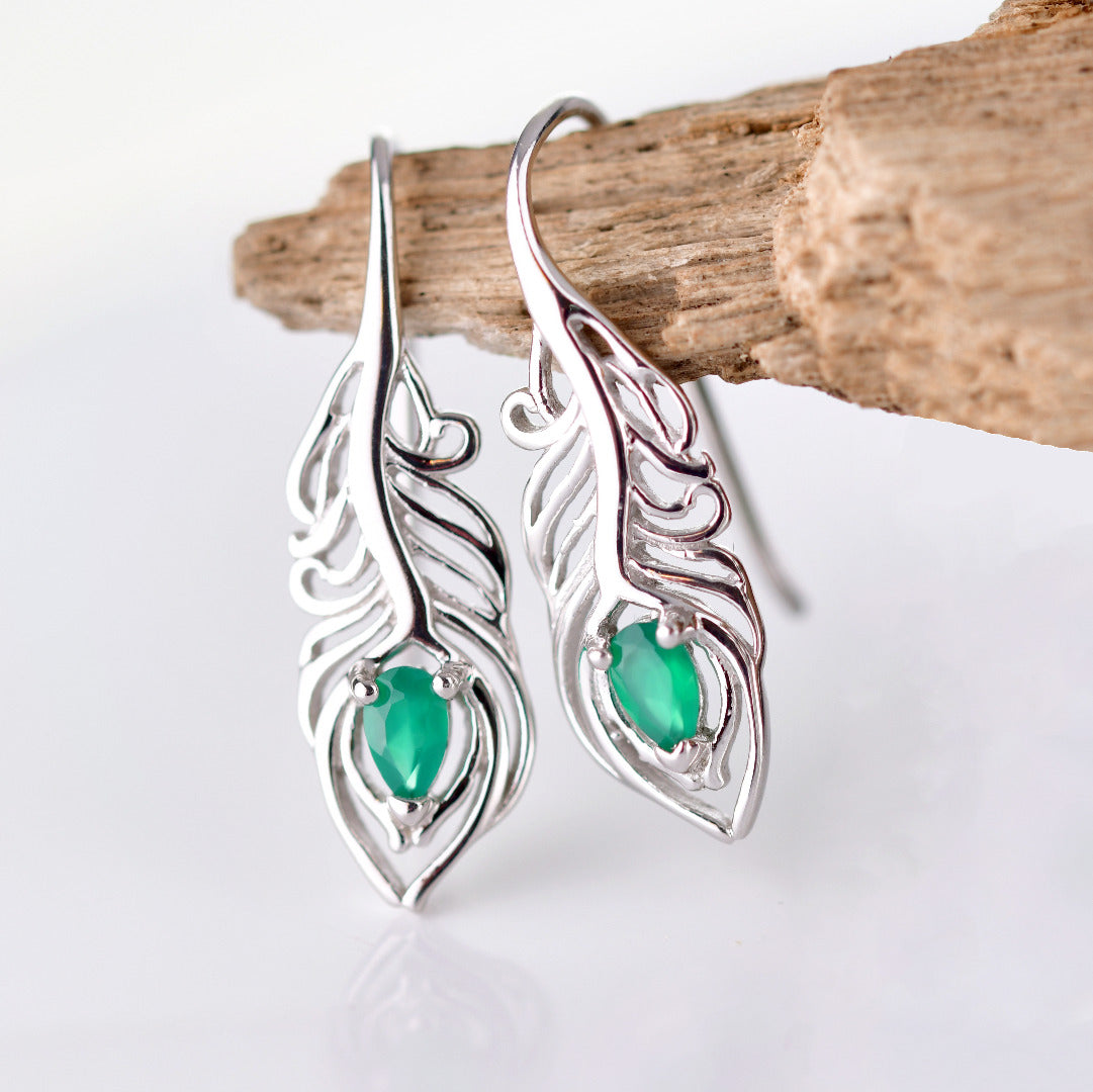 Sterling Silver Onyx Green Earrings Dangle Peacock Feather May Birthstone