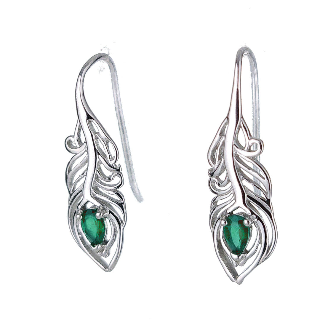 Sterling Silver Onyx Green Earrings Dangle Peacock Feather May Birthstone