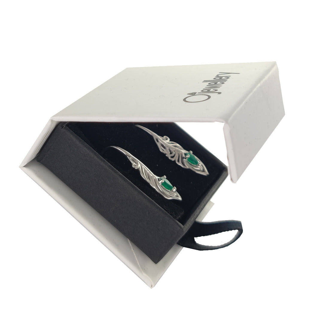 Sterling Silver Onyx Green Earrings Dangle Peacock Feather May Birthstone