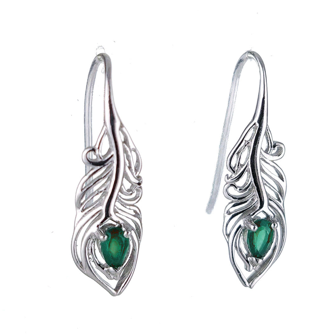 Sterling Silver Onyx Green Earrings Dangle Peacock Feather May Birthstone