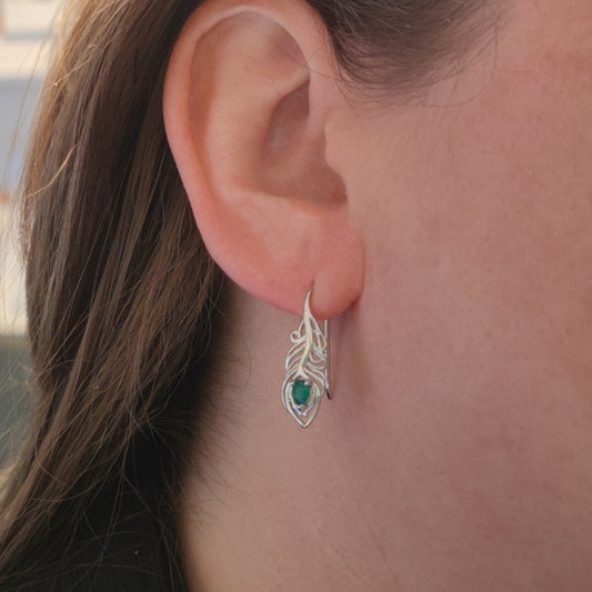 Sterling Silver Onyx Green Earrings Dangle Peacock Feather May Birthstone
