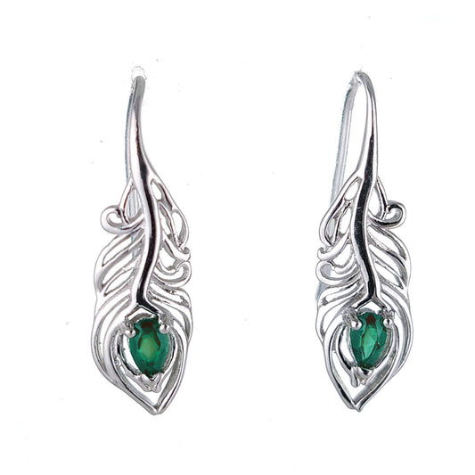 Sterling Silver Onyx Green Earrings Dangle Peacock Feather May Birthstone