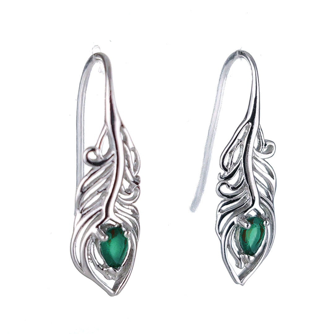 Sterling Silver Onyx Green Earrings Dangle Peacock Feather May Birthstone