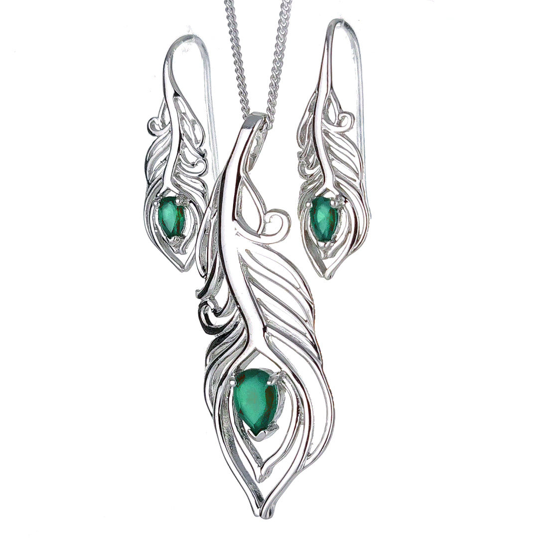Sterling Silver Onyx Green Set Peacock Feather May Birthstone
