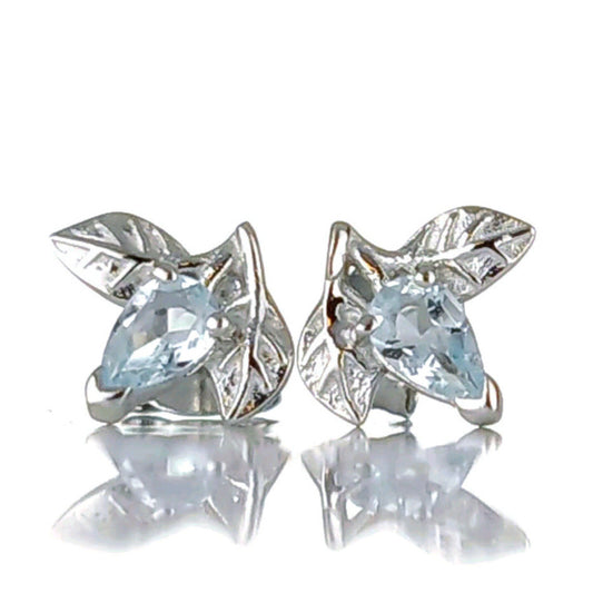 Aquamarine Earrings Leaf Studs Sterling Silver March Birthday Boxed Gift