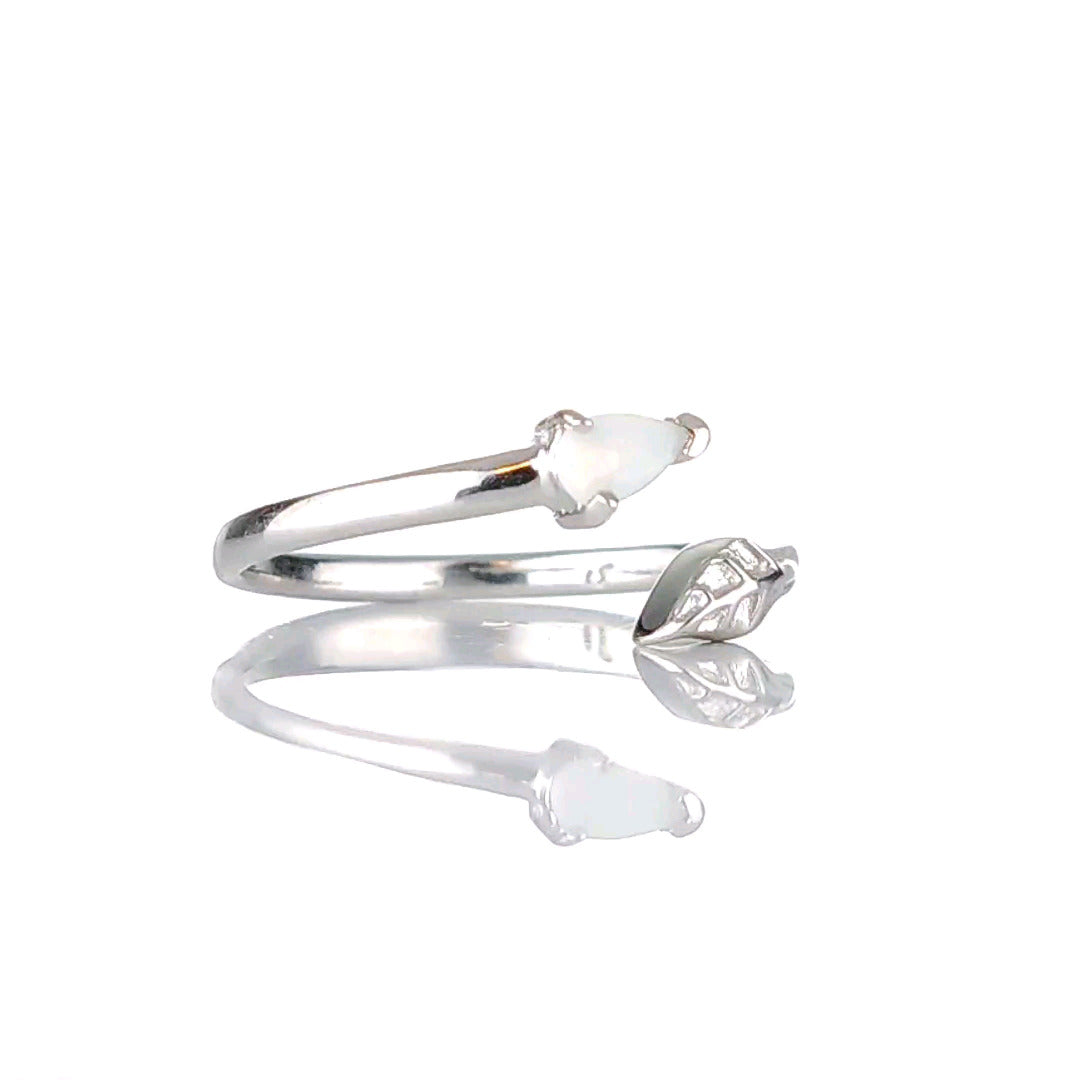 Sterling Silver Opal Leaf Ring Adjustable Size J - T October Birthstone